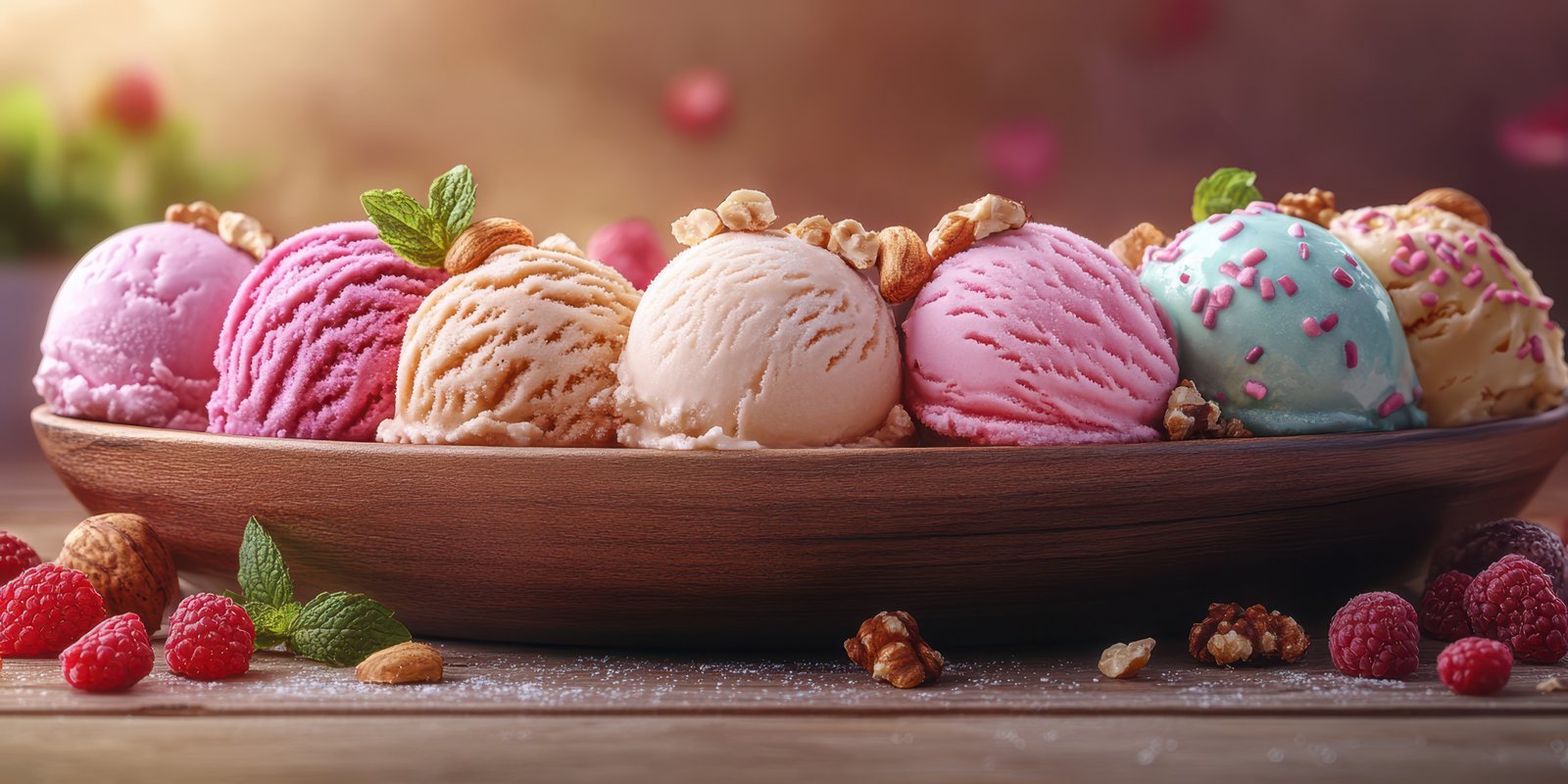 Colorful assortment of ice cream scoops served in a wooden bowl with nuts and fresh berries at a summer gathering